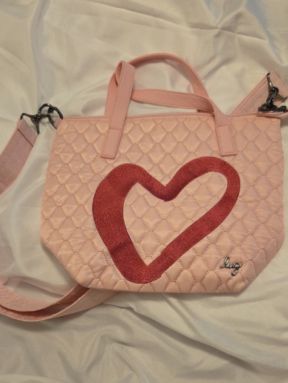 Pink Quilted Heart Tote Bag with Crossbody Strap